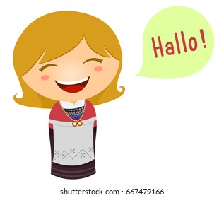 Cute Illustration of a Little Girl in a Norwegian Costume Saying Hello in Her Language