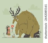 A cute illustration of a little girl offering a flower to a gentle giant with antlers. The scene is set in a stylized nature landscape.