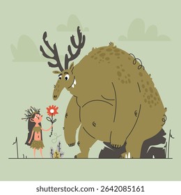 A cute illustration of a little girl offering a flower to a gentle giant with antlers. The scene is set in a stylized nature landscape.