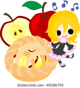 A cute illustration of a little girl and the pie of the apple