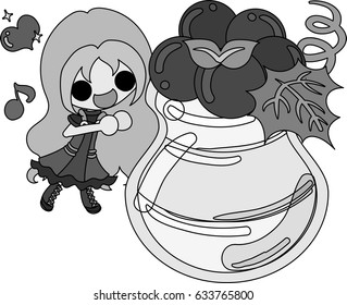 A cute illustration of a little girl and the pudding of the grapes