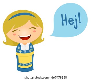 Cute Illustration of a Little Girl in a Swedish Costume Saying Hello in Her Language