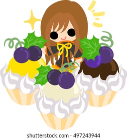A cute illustration of a little girl and three cupcakes of the grapes