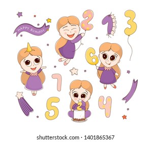 Cute illustration with a little girl. Vector set with hand drawn doodles on the theme of baby holiday. Sketches for use of design.