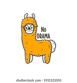 Cute illustration with little llama and phrase no drama, vector print for kids t-shirt and wear, baby room, greeting card. Hand drawn nursery.