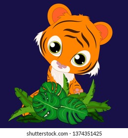 Cute illustration of little tiger on blue background. Cartoon ilustration. Cute animal. 