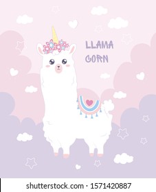 Cute illustration with a llama.  Fairy tale animal llamacorn . Kawaii style