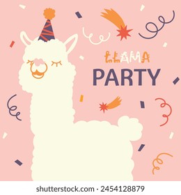 
A cute illustration of a llama with a hat. Birthday card with a llama. A real party, celebration. Starry background with a llama and text. Vector illustration of a llama