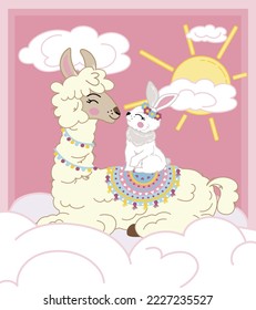 cute illustration of a llama with a rabbit on a cloud against the backdrop of the rising sun. children's illustration for cover, postcard, poster