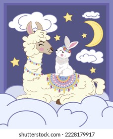 cute illustration of a llama with a rabbit on a cloud against the background of the moon. childish illustration for cover, postcard, poster