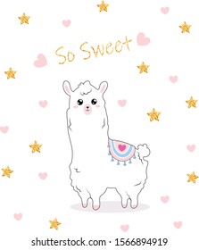 Cute illustration with a llama.Gold inscription and stars. Kawaii style