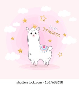 Cute illustration with a llama.Gold inscription and stars. Kawaii style