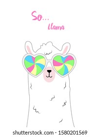 Cute illustration with a llama.Llama with magic glasses. Kawaii style