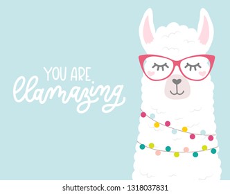 Cute illustration with llamas in love, doodles and lettering inscription "I love you llots". Inspirational greeting card with alpaca for birthday, baby shower, valentine's day. Vector illustration
