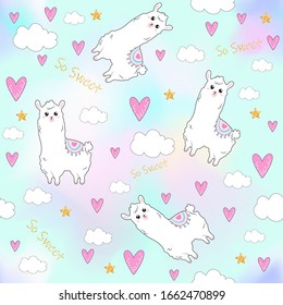 Cute illustration with a llama.Seamless pattern. Kawaii style.