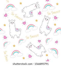 Cute illustration with a llama.Stylish combination of flowers, seamless pattern. Kawaii style.