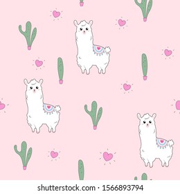 Cute illustration with a llama.Stylish combination of flowers, seamless pattern. Kawaii style.