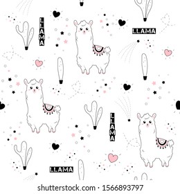 Cute illustration with a llama.Stylish combination of flowers, seamless pattern. Kawaii style.