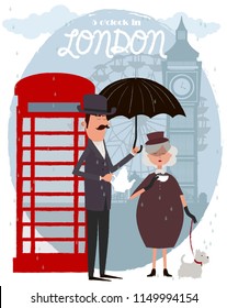 Cute illustration of London landmarks and characters. 5 o'clock in London, Tea time card. Editable vector illustration