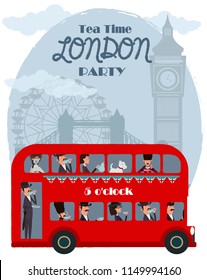 Cute illustration of London landmarks and characters. 5 o'clock in London, Tea time card. Editable vector illustration