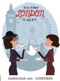 Cute illustration of London landmarks and characters. 5 o'clock in London, Tea time card. Editable vector illustration