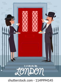 Cute illustration of London steet and characters. 5 o'clock in London, Tea time card. Editable vector illustration