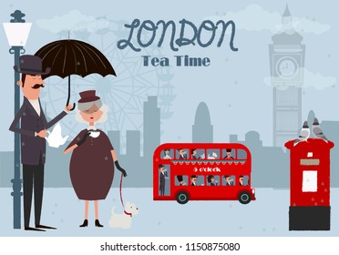 Cute illustration of London street and characters. 5 o'clock in London, Tea time card. Editable vector illustration