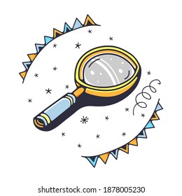 Cute illustration with a magnifying glass. Isolated on a white background. Vector doodle illustrations.