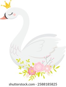 Cute illustration of a majestic white swan wearing a golden crown and surrounded by pink flowers and green leaves, creating a dreamy and elegant atmosphere