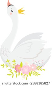 Cute illustration of majestic white swan wearing golden crown and surrounded by pink roses, leaves and flowers, looking up with closed eyes