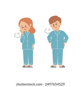 Cute illustration of a man and woman in pajamas, worries