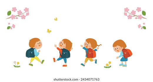 Cute illustration material of children going to elementary school