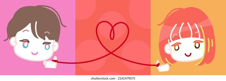 Cute illustration material of men and women of lovers connected by a red thread of fate