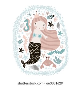 Cute illustration with mermaid,seahorse, crab, and seashells. Childish print with marine elements. Perfect for poster, card,kids apparel,bags. Vector Illustration