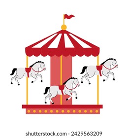 A cute illustration of a merry go round. A carousel with three white horses.