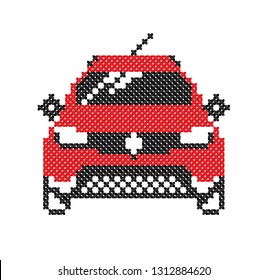 Cute illustration of modern car in embroidery cross-stitched style
