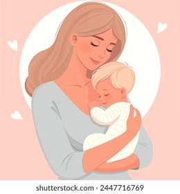 Linda ilustración de mamá y bebé. Una madre sostiene a su hijo en sus brazos.	