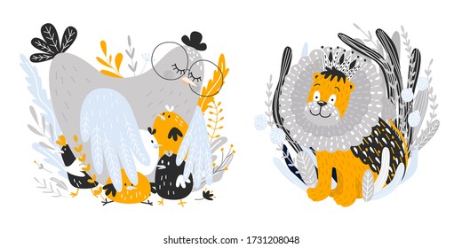 Cute illustration of mom of hen and children of chickens, a beautiful lion cub for printing on a poster for the design of a children's room. favorite characters of children. love and peace. Vector gra