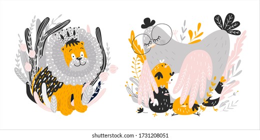 Cute illustration of mom of hen and children of chickens, a beautiful lion cub for printing on a poster for the design of a children's room. favorite characters of children. love and peace. Vector gra