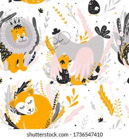 Cute illustration of mom of hen and children of chickens, a beautiful lion cub for printing on a poster for the design of a children's room. favorite characters of children. love and peace. 