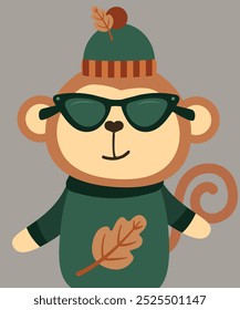 Mono de la ilustración linda lleva el sombrero, las gafas de sol, y el patrón de la hoja del suéter