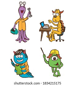 Cute illustration of monster in construction theme, concept, funny creatures for games, vector, design, halloween, character.