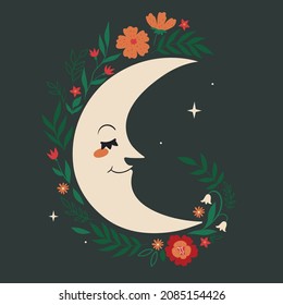 Cuidada ilustración con luna y flores. Gráficos vectoriales.