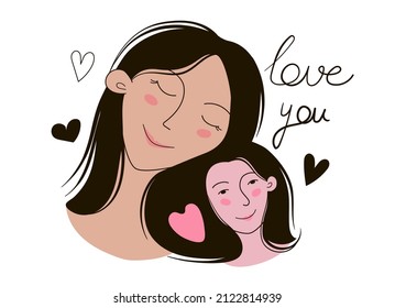 Cute illustration of mother and daughter, hearts are drawn and written love you. Mother's Day illustration. Doodle style vector illustration isolated on white background