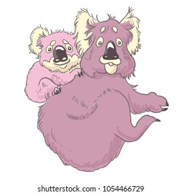 Cute illustration of a mother koala who carries her little daugther. Big koala is curiouse and surprised. Vector illustration is isolated on white background for fashion clothes, label