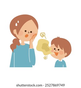 Linda ilustración de una madre notando el mal aliento de su hijo