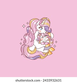 cute illustration of mother unicorn cuddling her baby unicorn 