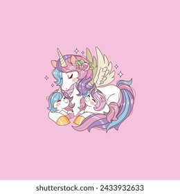 cute illustration of mother unicorn cuddling her baby unicorn 