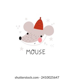 Ilustración de la cabeza de un ratón en un sombrero rojo y texto. Cara animal divertida sonriente. Perfecto para pegatinas y ropa para niños o diseño de papelería. Ilustración vectorial.