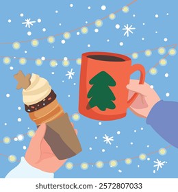 cute illustration with a mug of coffee and trdelnik on a background of the sky with snowflakes. delicious winter traditional food, chimney cake